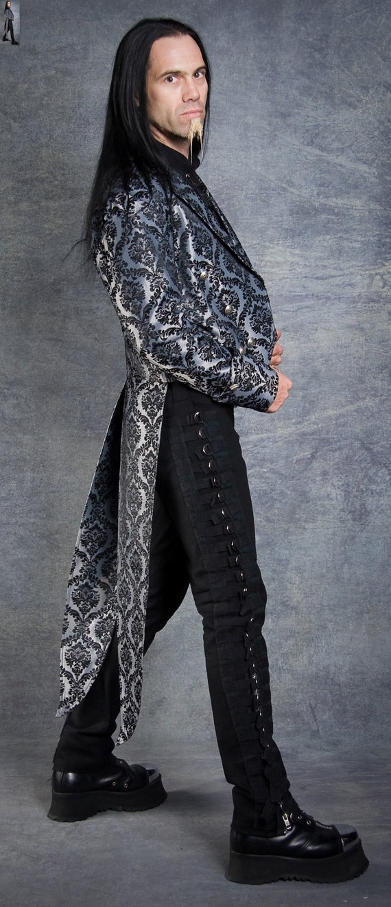 IMPERIAL TAILCOAT Silver Black Brocade only 2 left