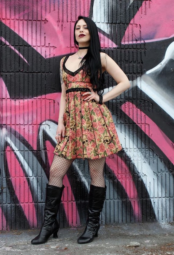 Vintage Style Cocktail Dress - Skulls and Roses Print Size Small - Only Size Left!