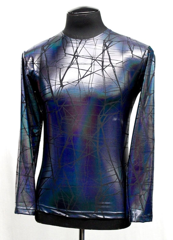 MEN'S LONG SLEEVE T-shirt - Cracked Hologram Fabric - Blue
