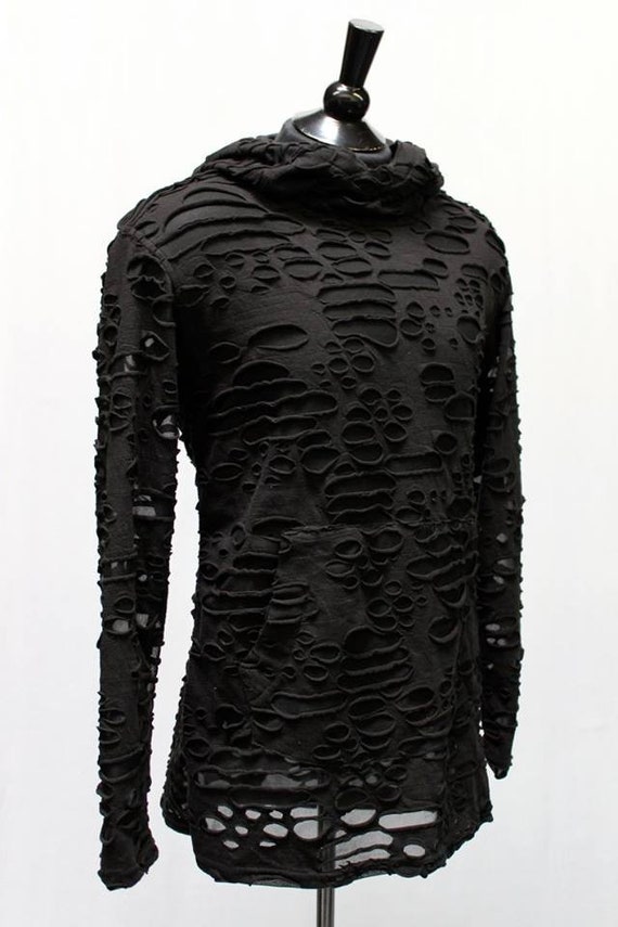 Men's Long Sleeve Oversized Hoodie T-Shirt - Black Decayed Fabric