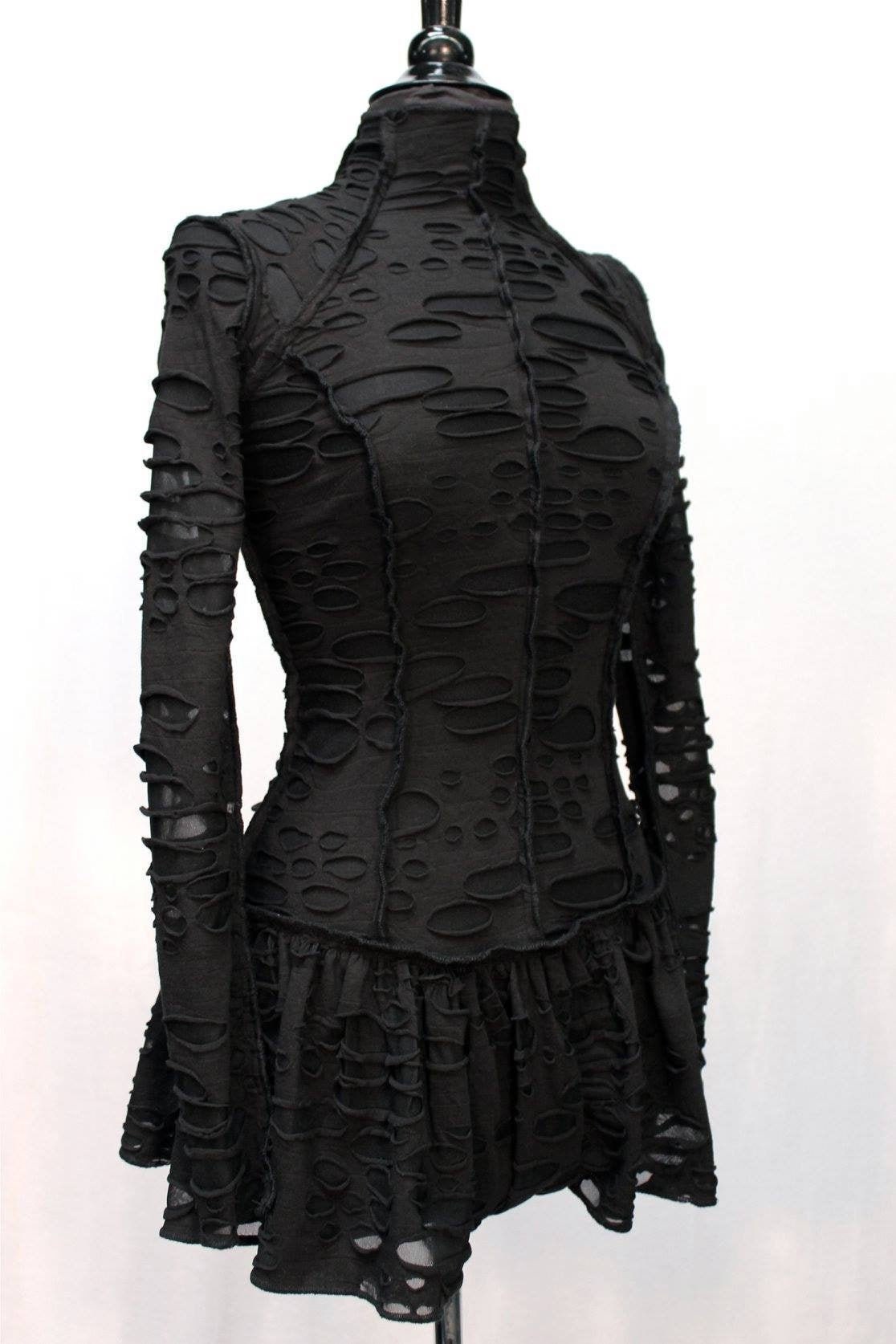 black tattered dress Gothic Punk Irregular Black Ripped Dress with Long Gloves