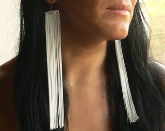 White Fringe Earrings. Extra Long Earrings. White Shoulder Duster Earrings. Very Long Fringe Earrings, LLF01