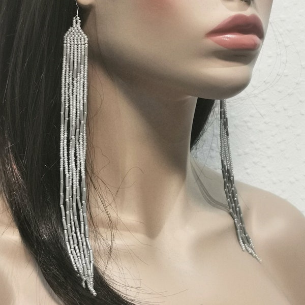 Gray Earrings. Extra Long Earrings. Gray Shoulder Duster Earrings. Very Long Beaded Fringe Earrings.