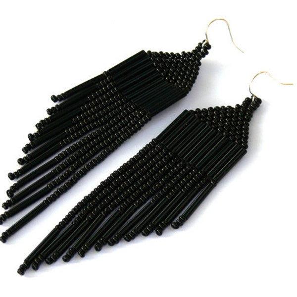 Black Earrings. Dangle Long Earrings. Beaded Fringe Earrings. Black Gothic Earrings. Beadwork.