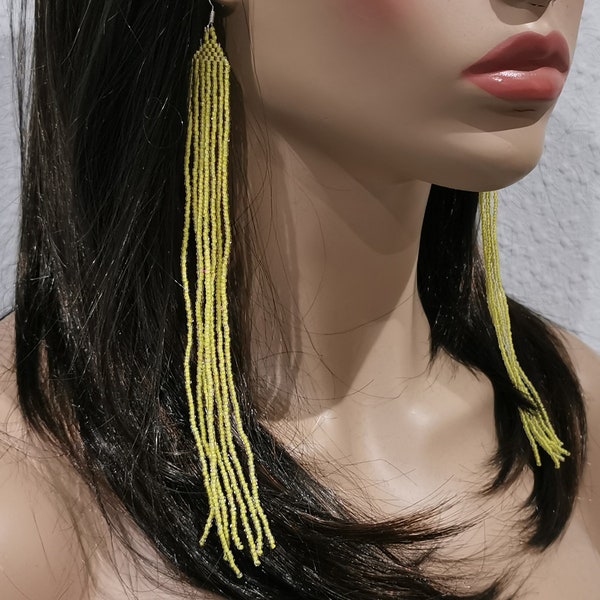 Chartreuse Earrings. Extra Long Earrings. Greenish Yellow Shoulder Duster Earrings. Very Long Beaded Fringe Earrings.