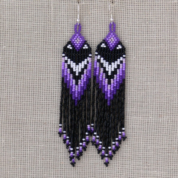Native American Earrings Inspired. Purple Black White Earrings. Dangle Long Earrings. Beadwork.