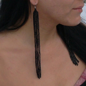 Black Earrings. Extra Long Earrings. Shoulder Duster Earrings. Very Long Fringe Earrings. Beadwork.