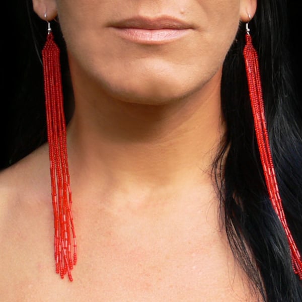 Very Long Earrings. Long Red Earrings. Shoulder Dusters. Beadwork.