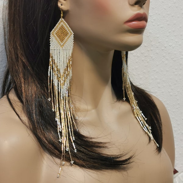 Extra Long Earrings. Gold and White Earrings. Native American Beaded Earrings Inspired. Shoulder Dusters. Beadwork