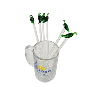 Set of 6 glass stirrers for cocktails, shaped like chili peppers (jalapeño) or cactus (nopal, prickly pear)