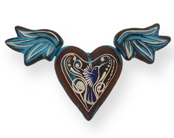 Coeur ex voto en terre cuite MAT colibri peint à la main