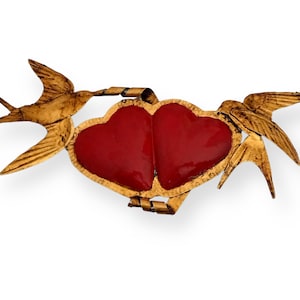 Double heart ex-voto Mexican decoration with 2 swallows union and indivisible love