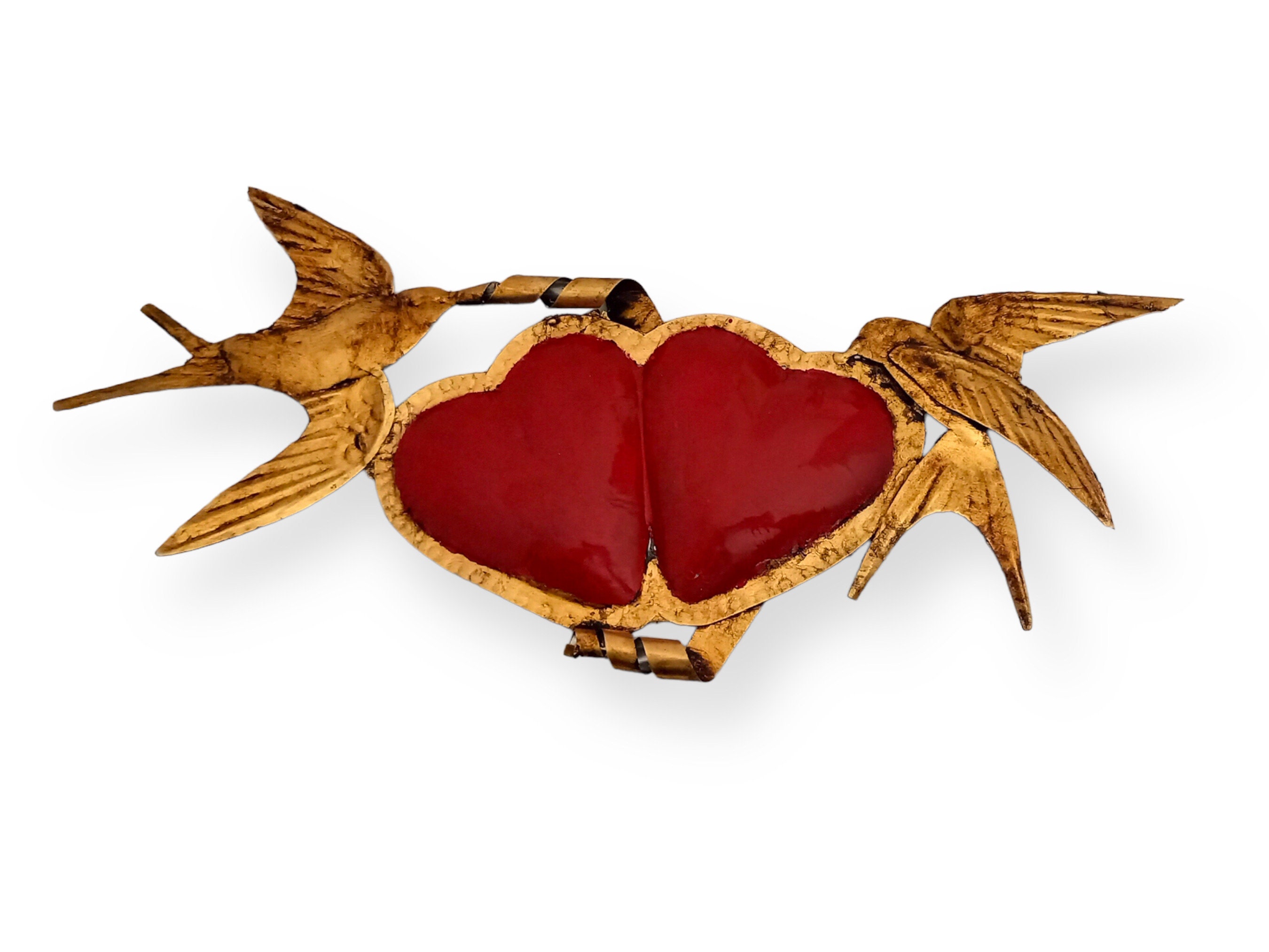 Broche cœur ex-voto d'inspiration mexicaine en polymère rouge et bleu