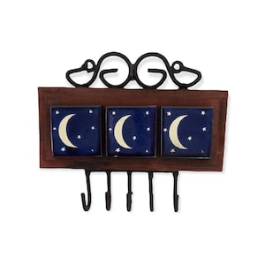 Wooden key holder with star moon ceramic tile