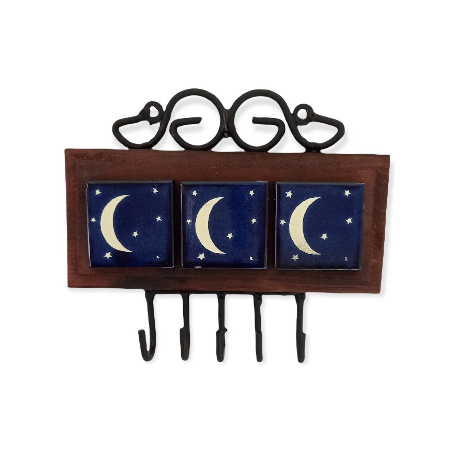 Support à Clés en Bois avec Carreau de Céramique Lune Étoilé