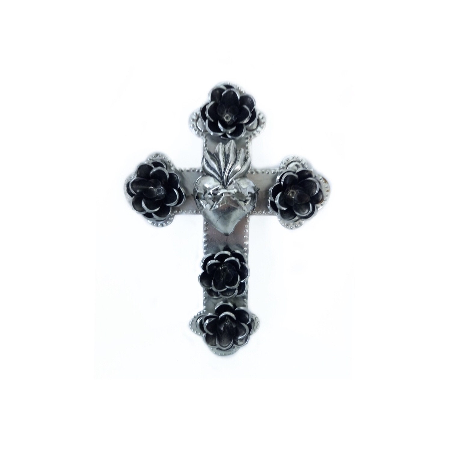 Croix Ex Voto avec Décoration Florale en Relief Argenté