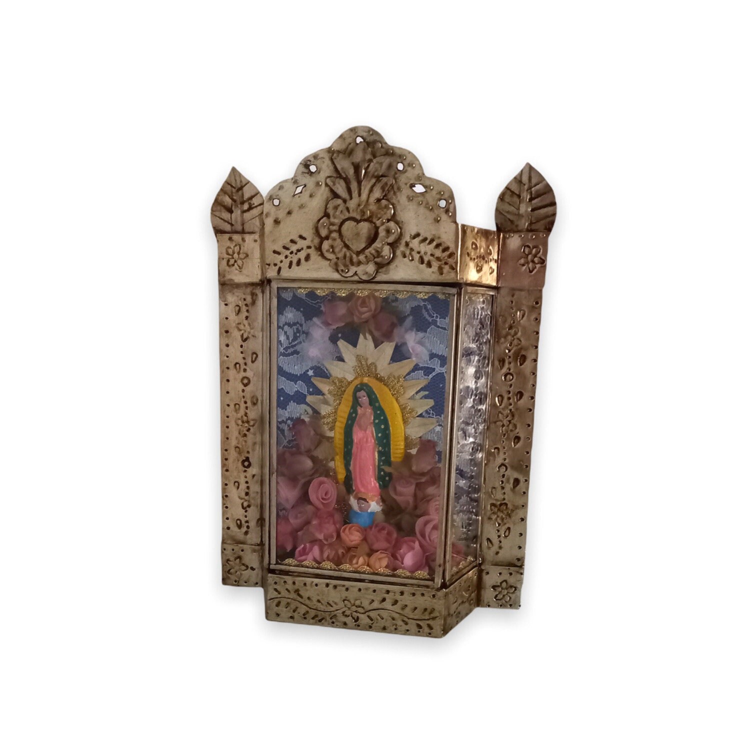 Vitrine en Étain et Verre Vierge de Guadalupe