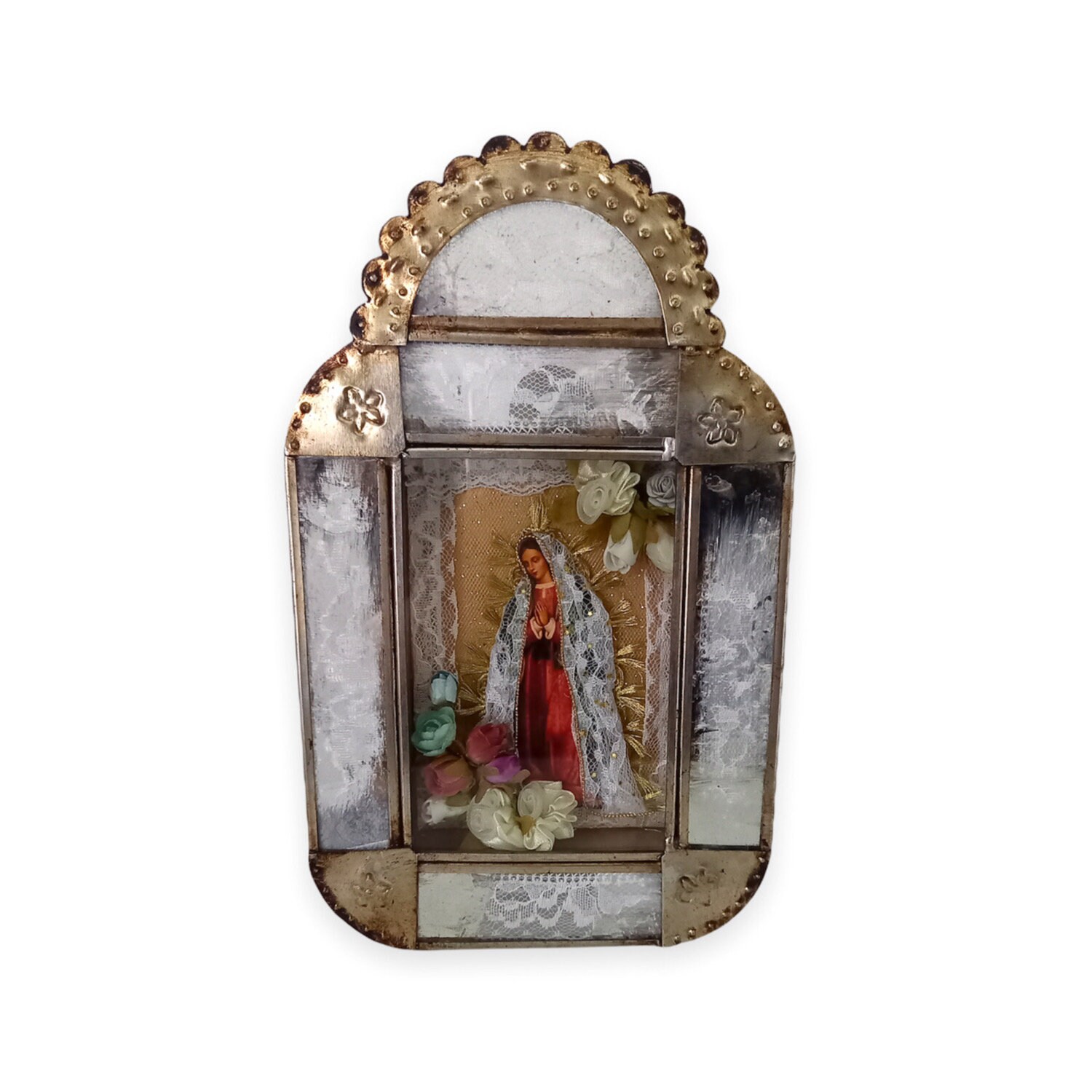 Vitrine en Étain et Verre Vierge de Guadalupe