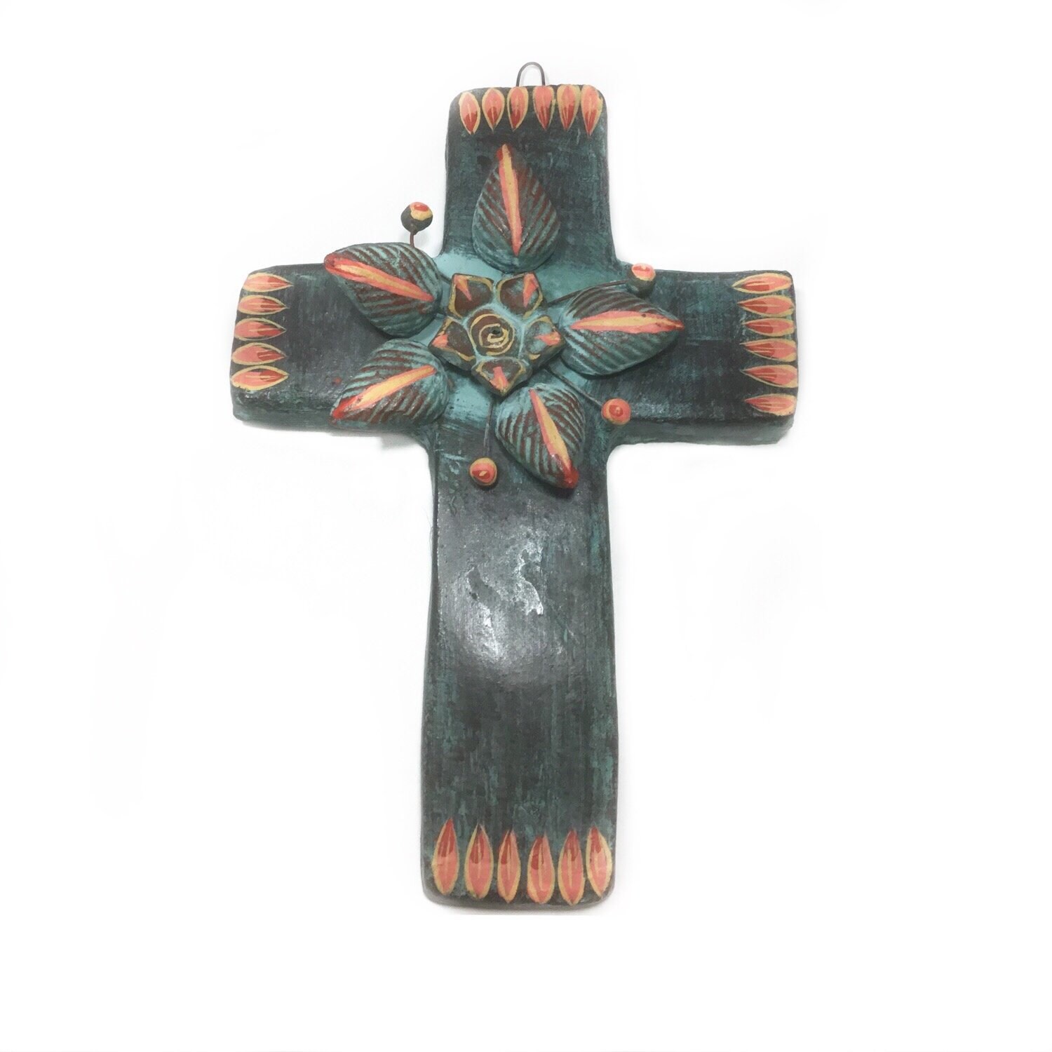 Croix en Terre Cuite avec Décoration Florale Relief