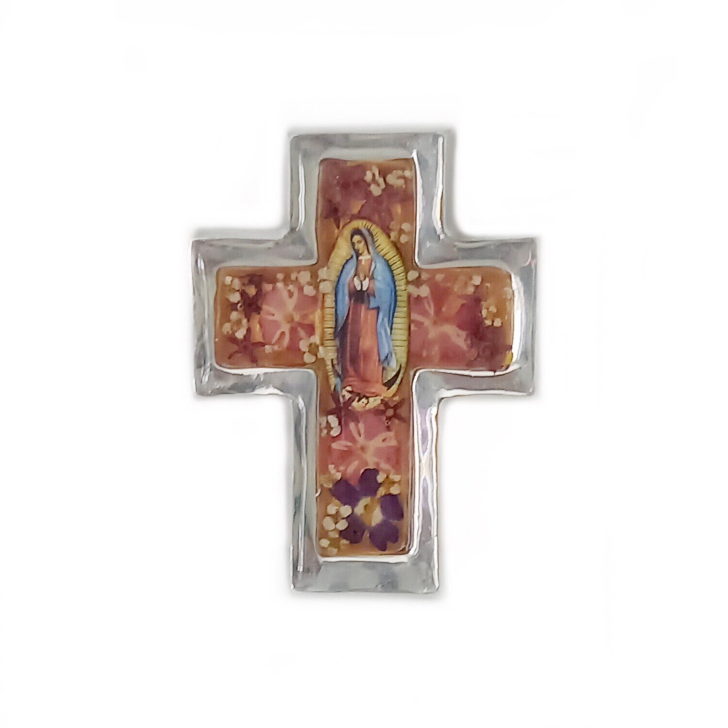 Croix Murale Vierge de Guadalupe à Suspendre avec Fleurs Encapsulées Suspendre