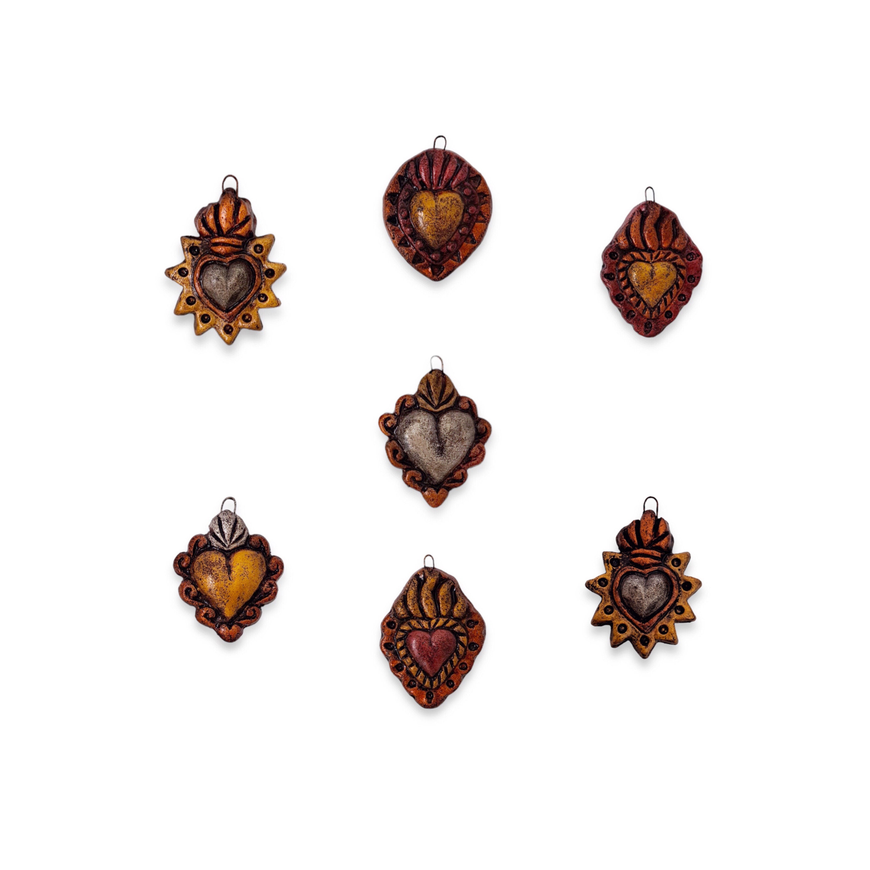 Cuore Sacro Messicano Fatto a Mano Milagro / Decorazione da Parete Ex-Voto / Cuore di Arte Popolare Rosso e Oro - Italia