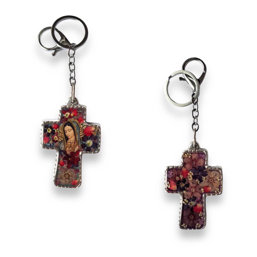 Cross and Virgin of Guadalupe Key Ring With Encapsulated Flowers - Etsy