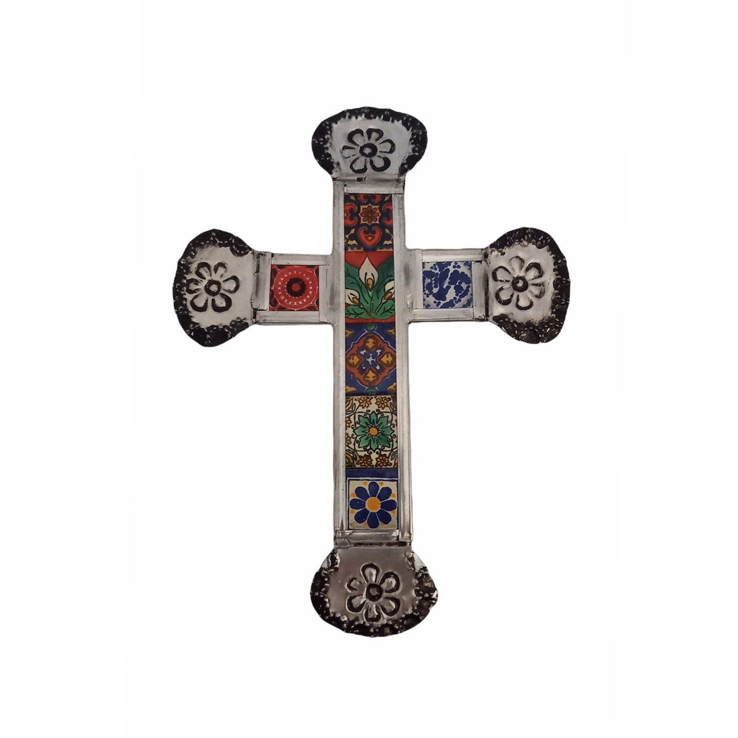 Croix en Étain avec Mini Carreau de Céramique Au Centre