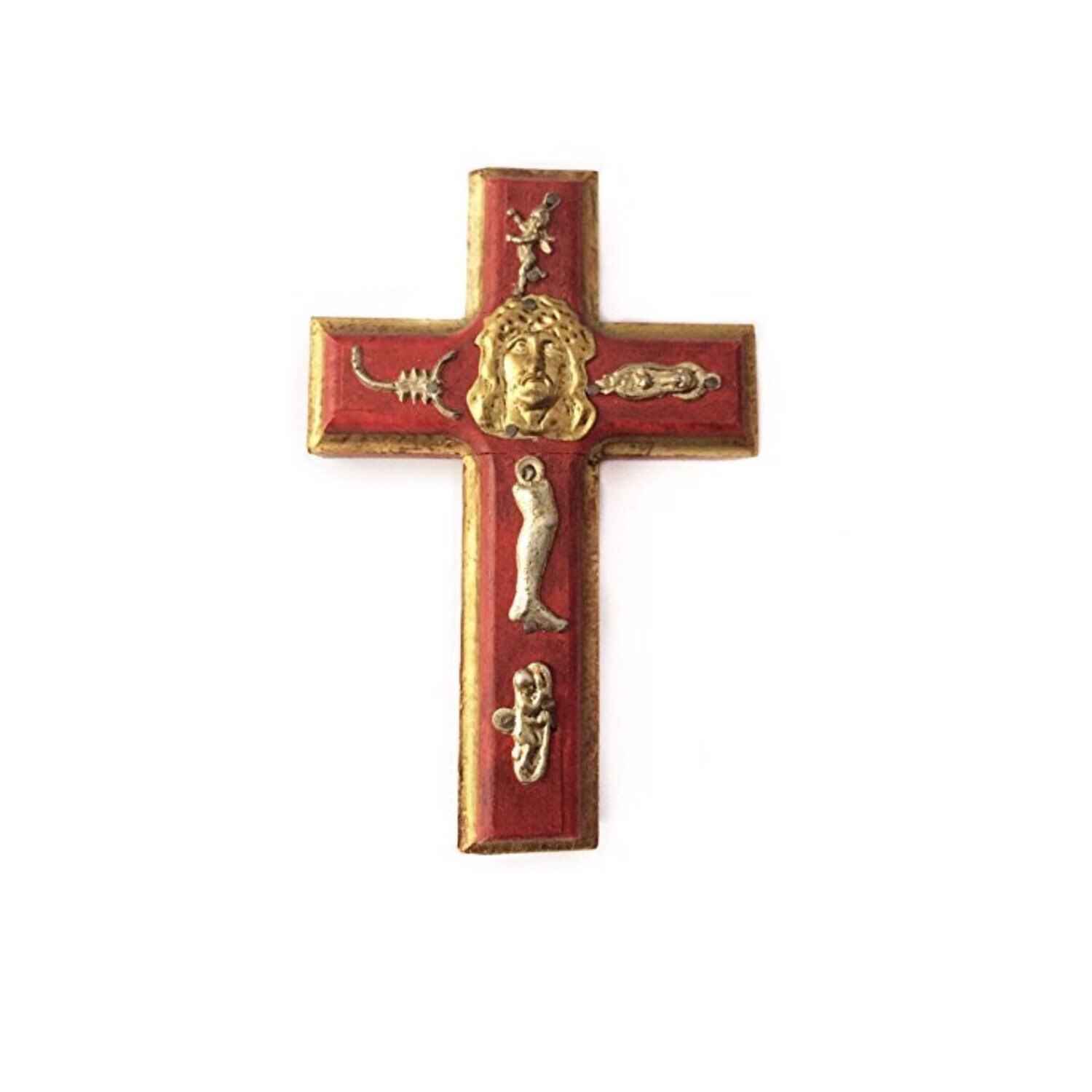 Croix Mexicaine en Bois avec Milagros - Miracles Ornements Étain Mexique