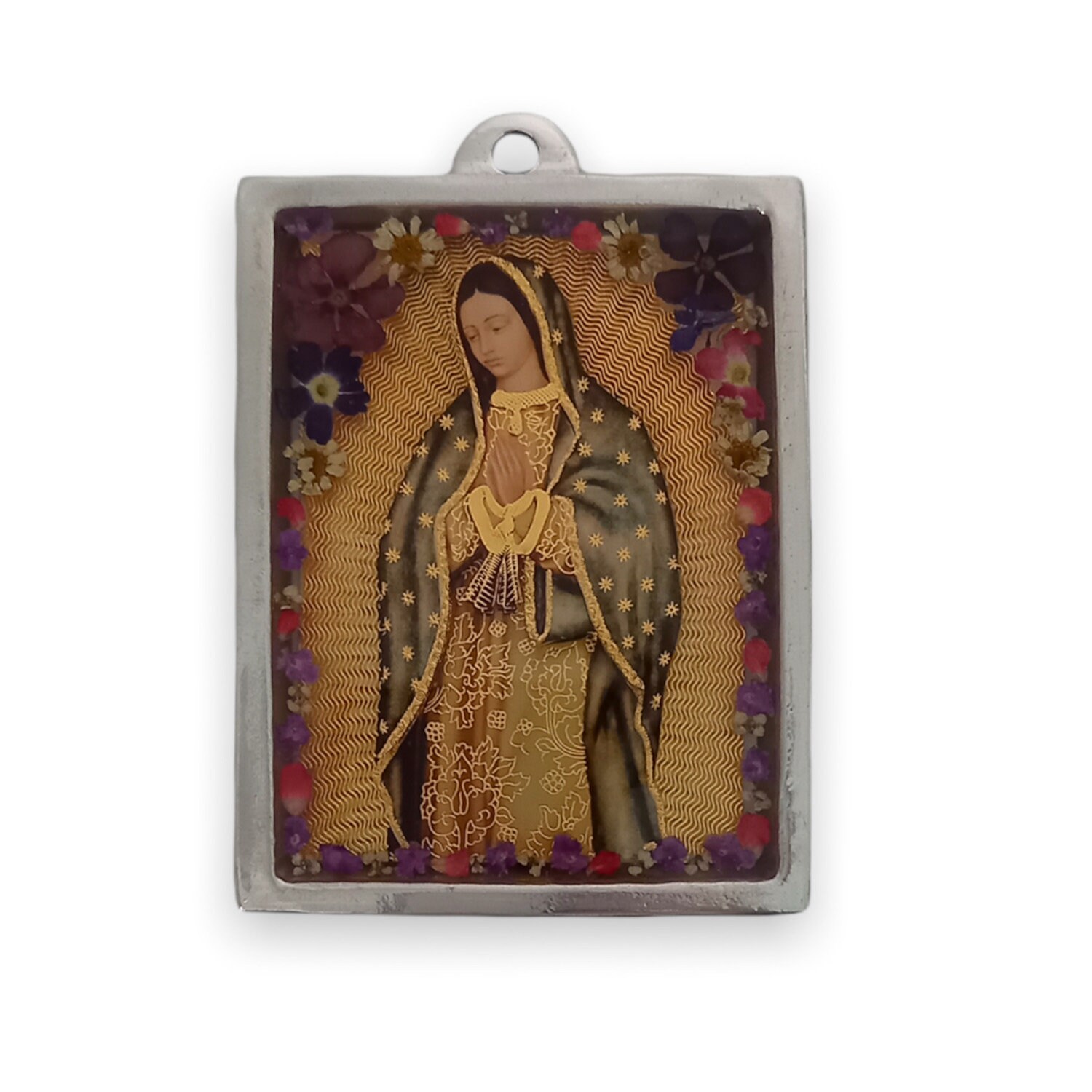 Cadre Murale Vierge de Guadalupe à Suspendre avec Fleurs Encapsulées