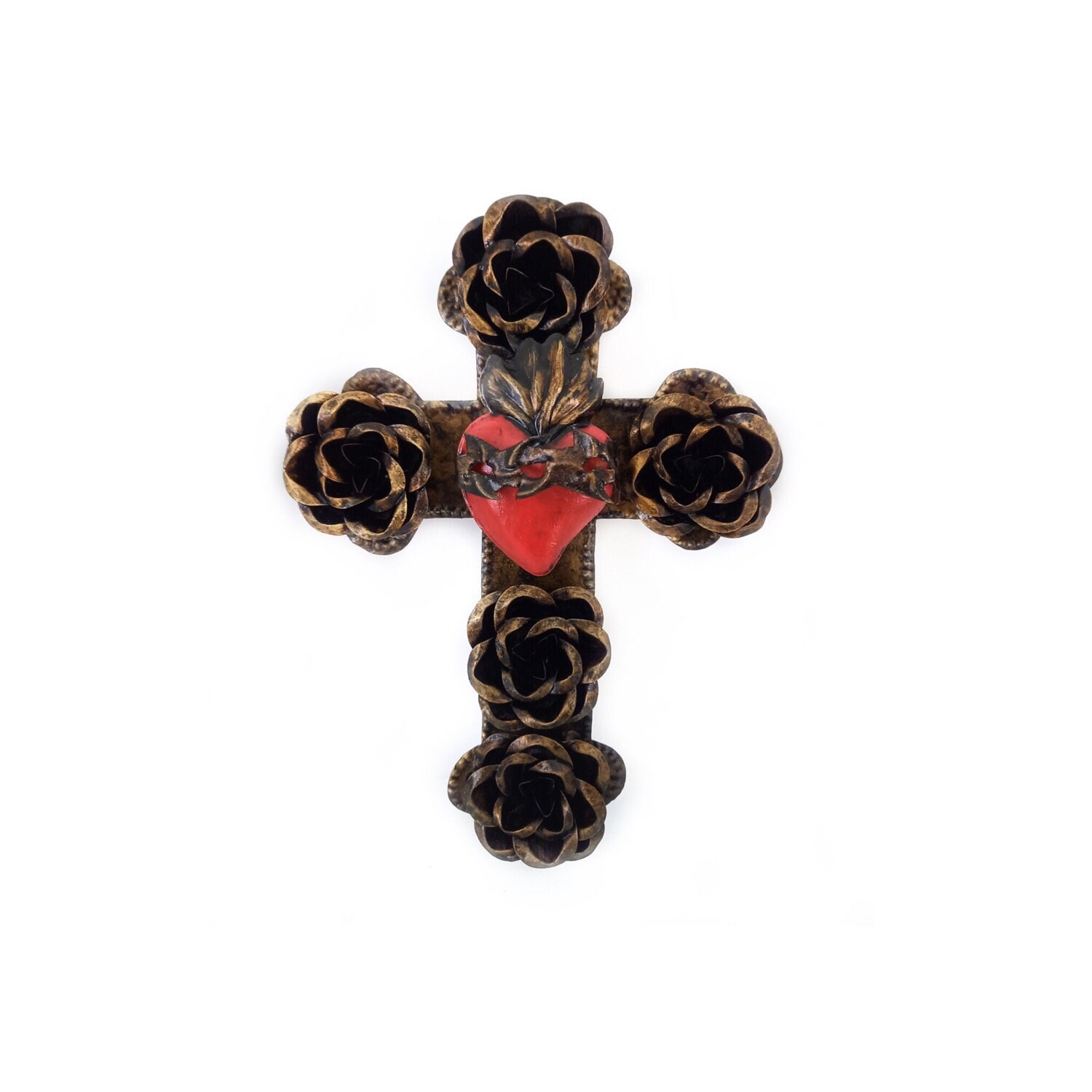 Croix Ex-Voto avec Coeur & Fleurs en Relief