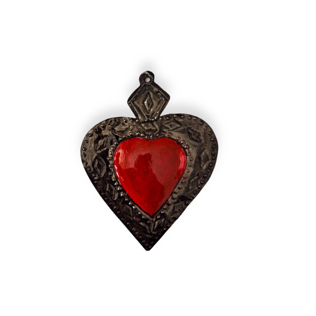 Joli Cœur Ex-Voto Mexicain Rouge Avec Colombes - Objet Artisanal Traditionnel