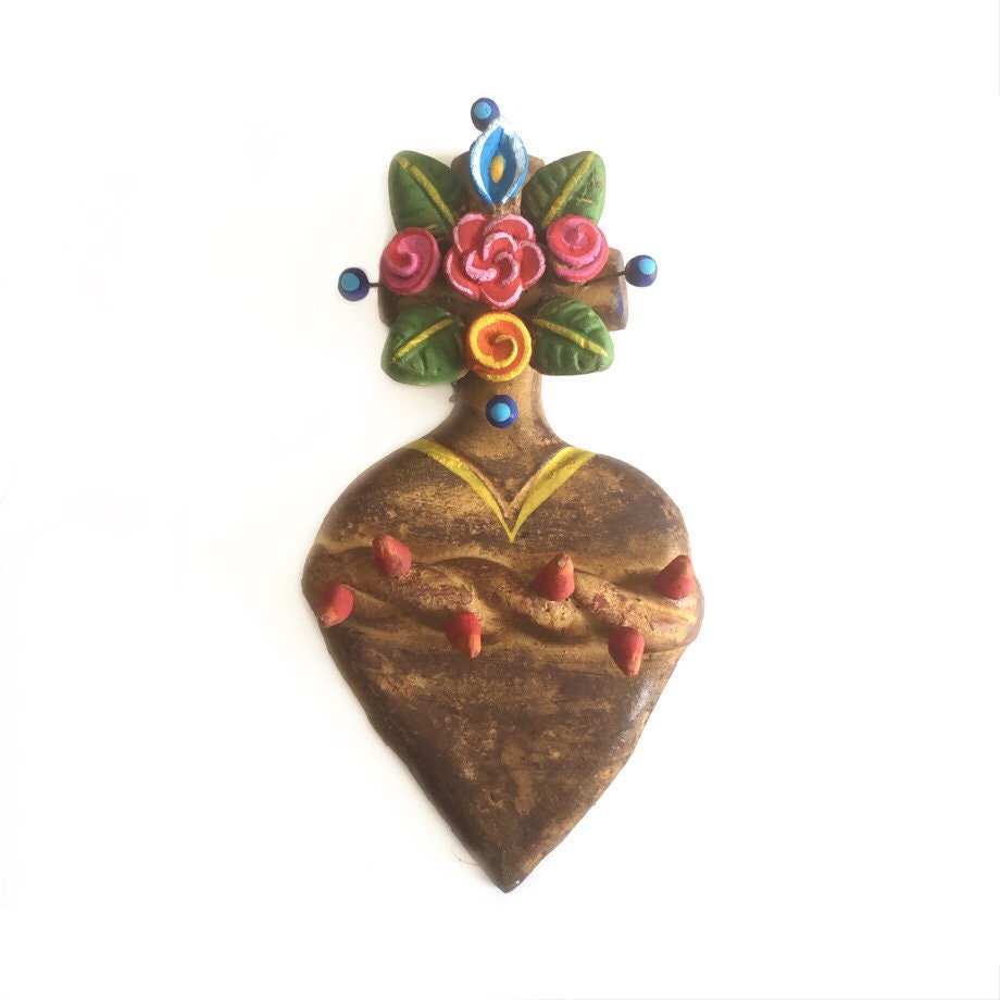 Coeur en Terre Cuite avec Décoration Florale Relief - Mexique