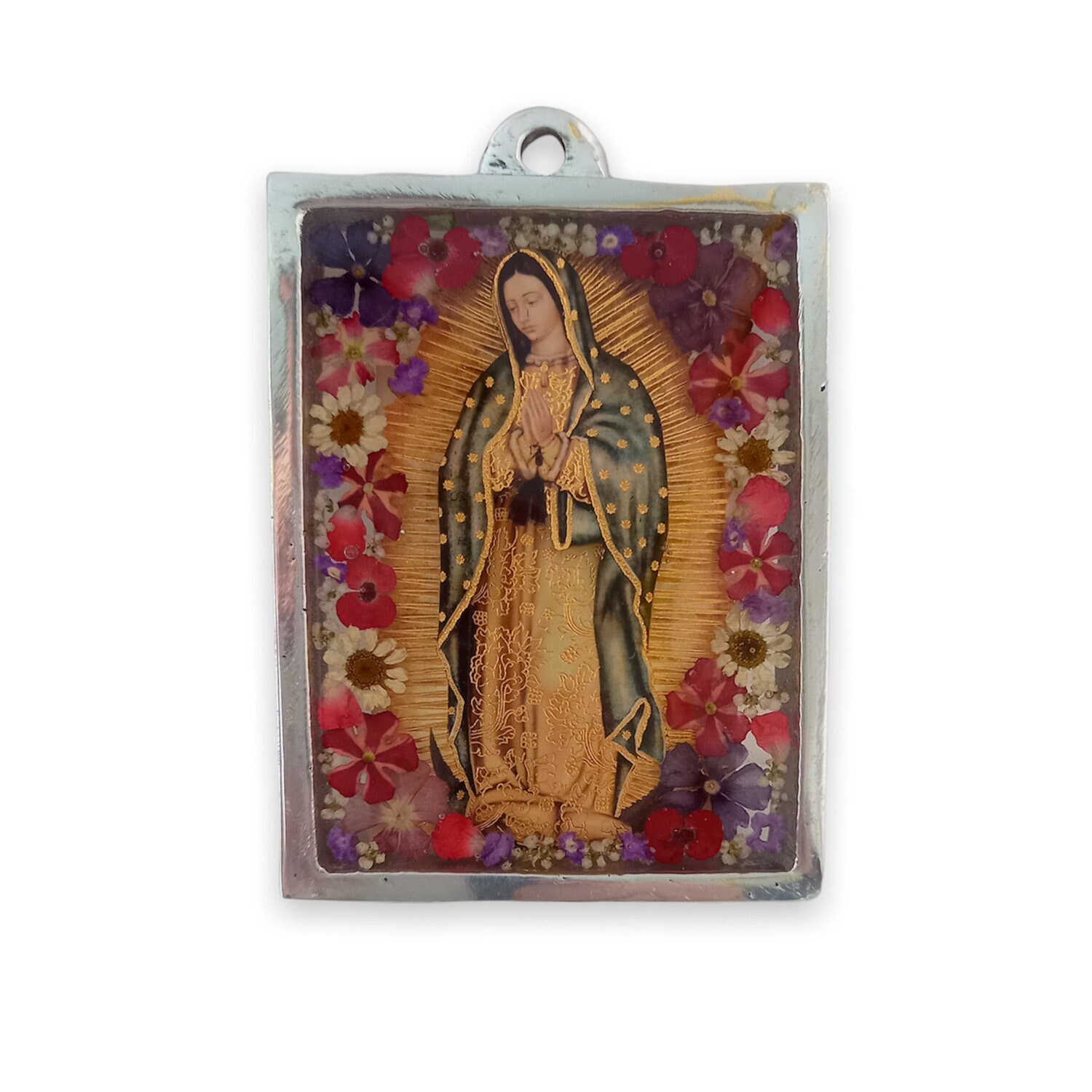 Cadre Murale Vierge de Guadalupe à Suspendre avec Fleurs Encapsulées
