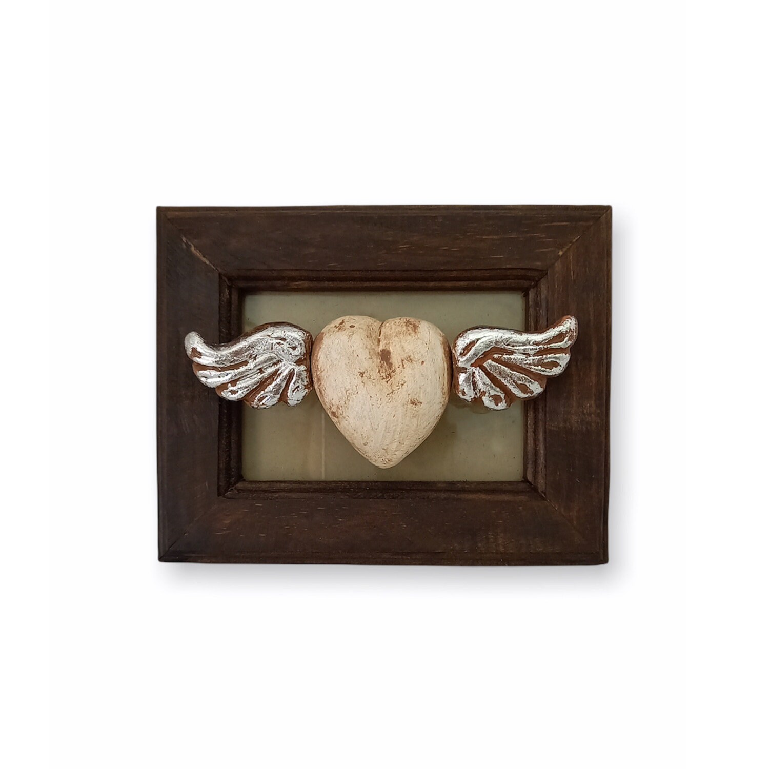 Coeur Ex Voto avec Ailes sur Cadre en Bois Vintage