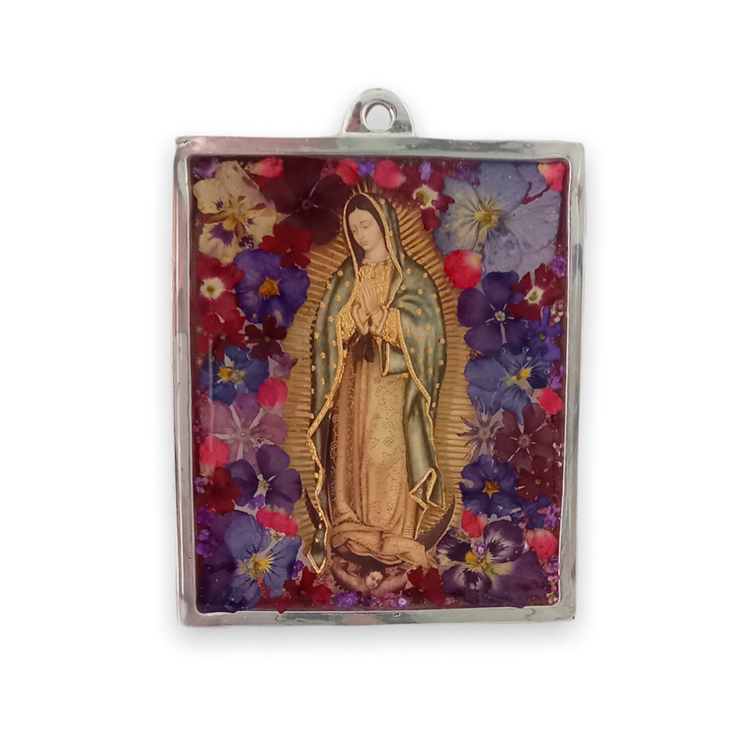 Cadre Murale Vierge de Guadalupe à Suspendre avec Fleurs Encapsulées