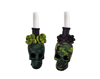 END OF SERIES Set of 2 terracotta skull candlesticks