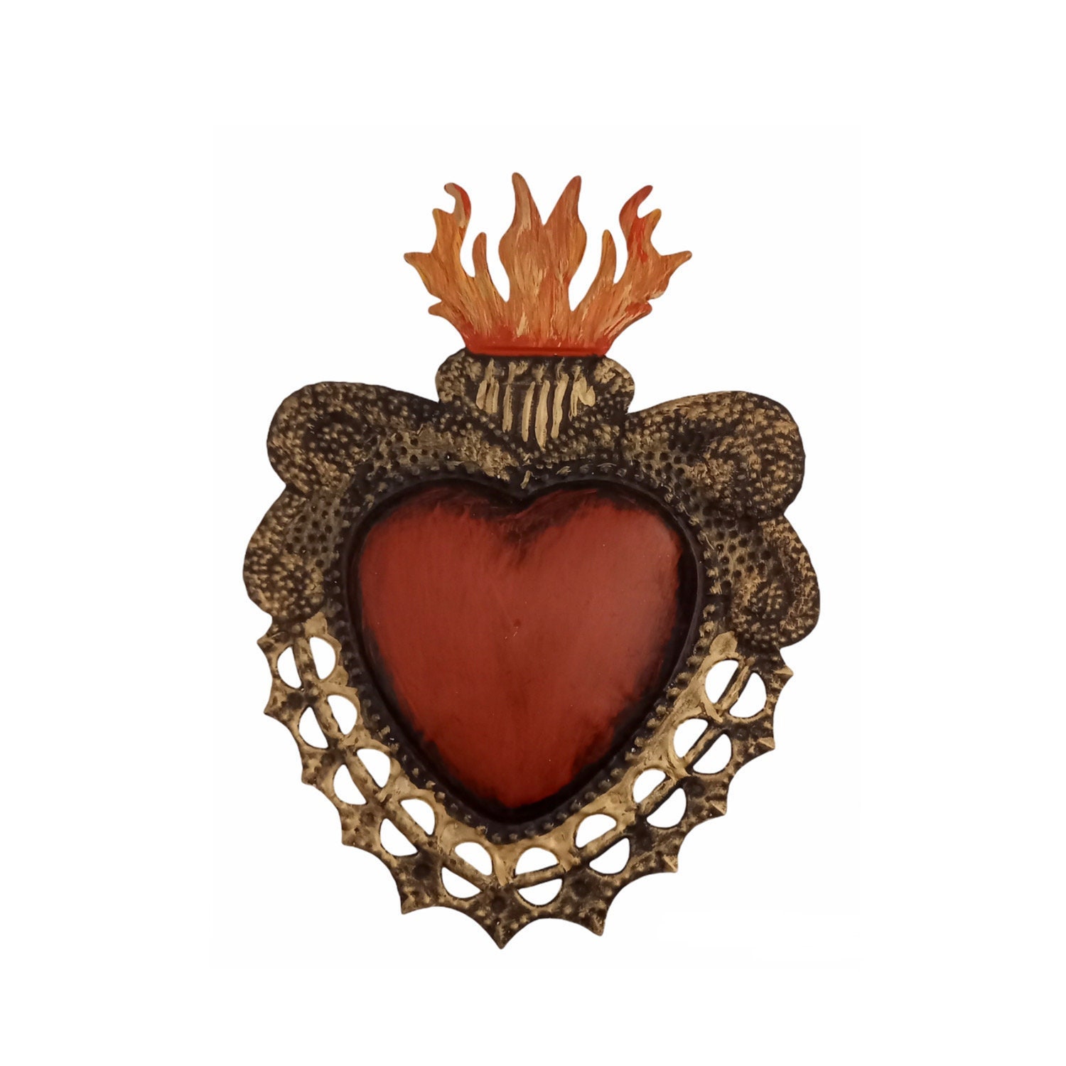 Coeur Ex-Voto Rouge Flamme Vintage en Relief