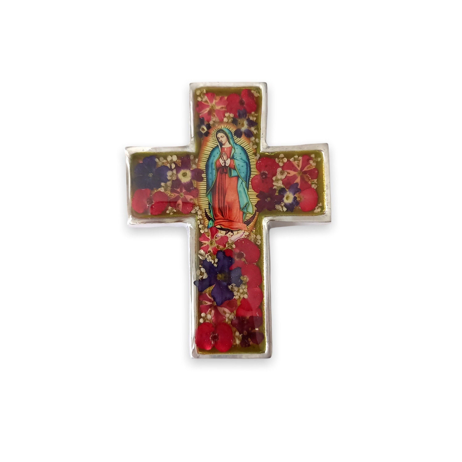 Croix Vierge de Guadalupe à Suspendre avec Fleurs Encapsulées d'inspiration Mexicaine Suspendre
