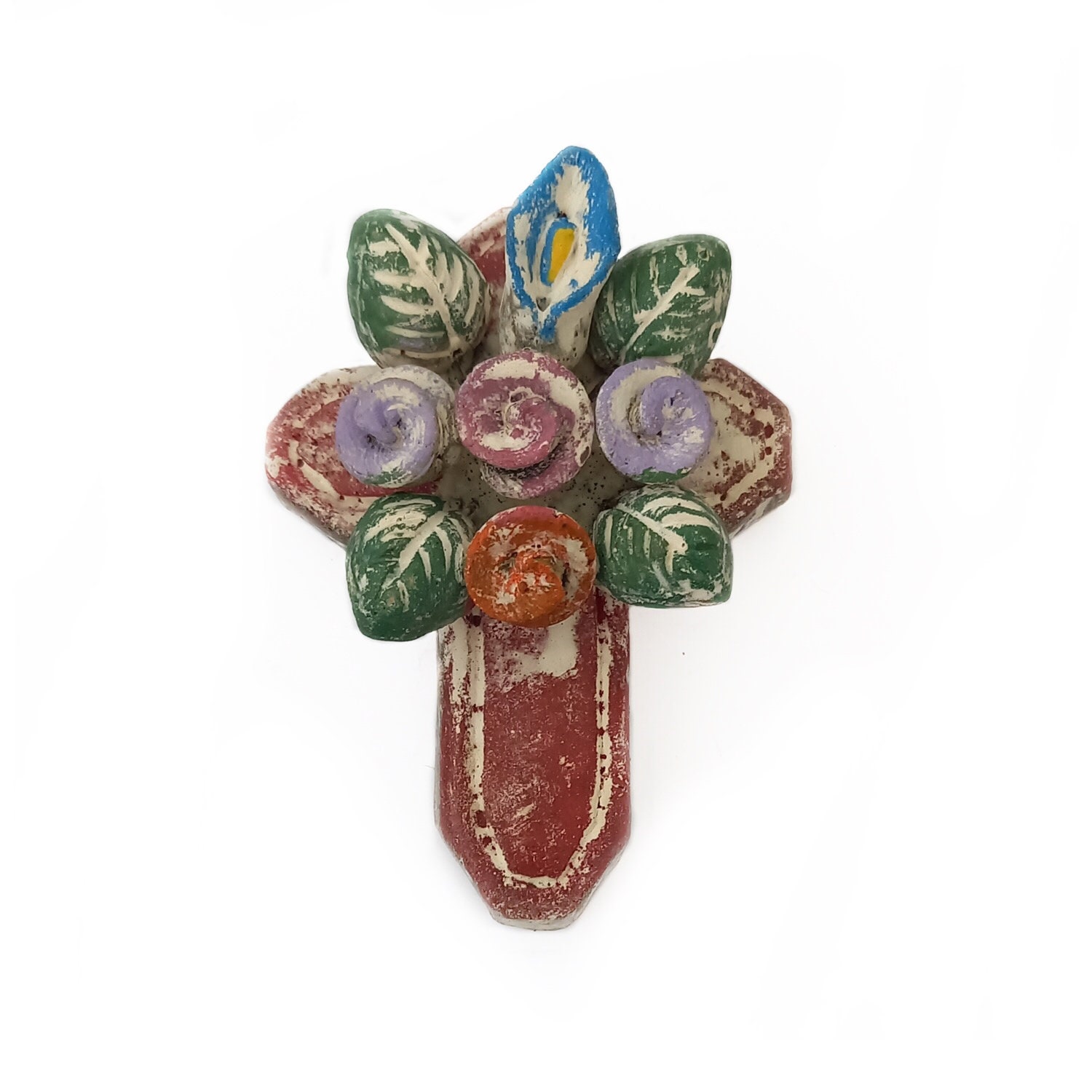 Croix en Terre Cuite avec Décoration Florale Relief