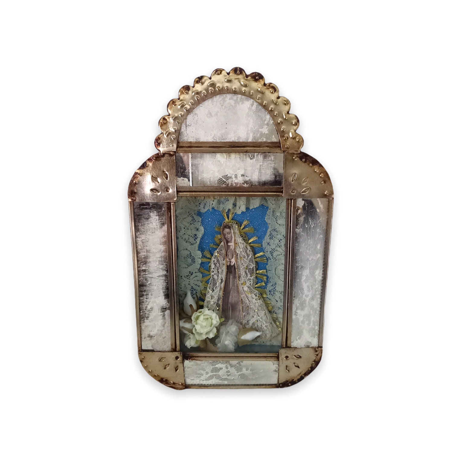 Vitrine en Étain et Verre Vierge de Guadalupe ou Coeur Ex Voto