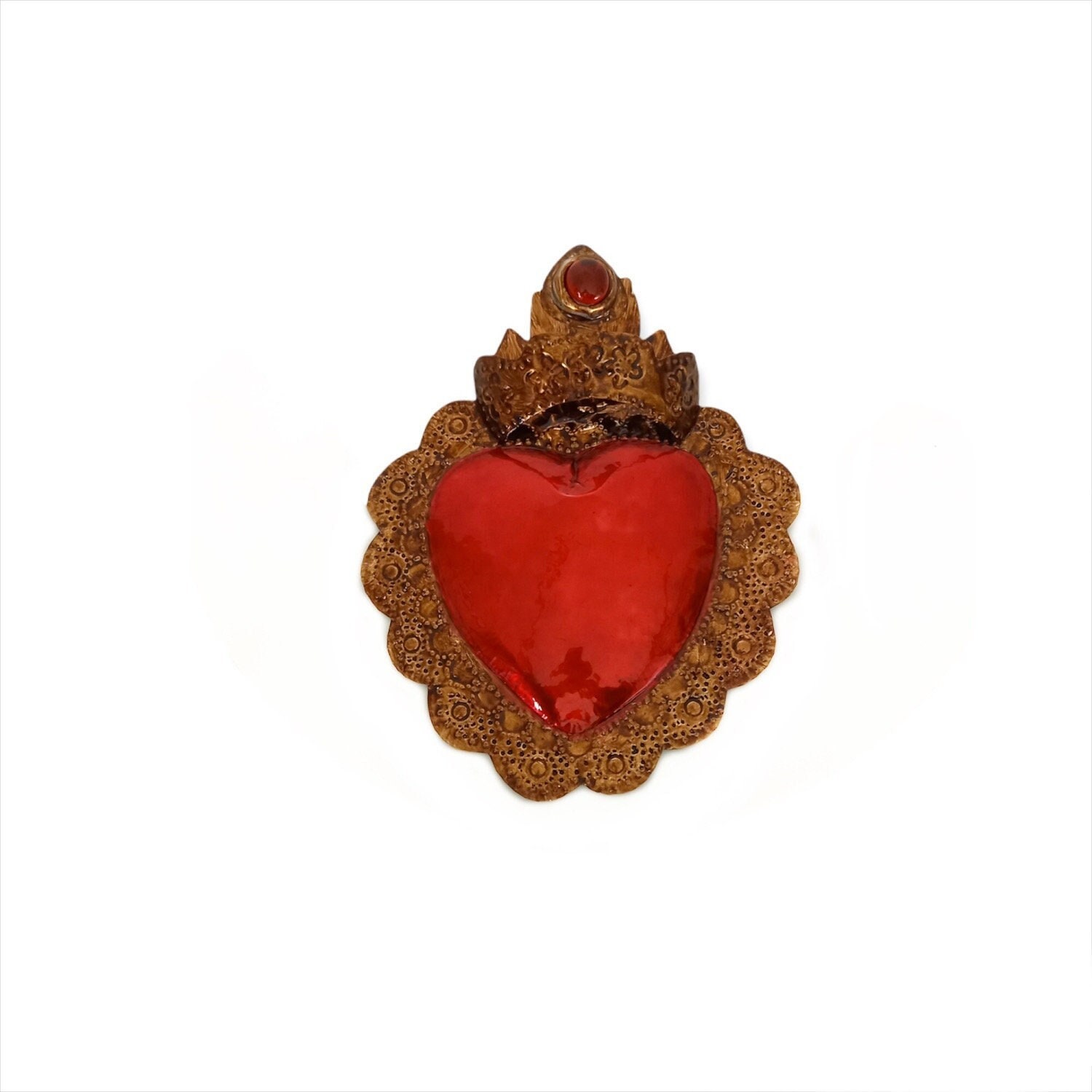 Coeur Ex Voto Rouge avec Couronne et Pierre Rouge