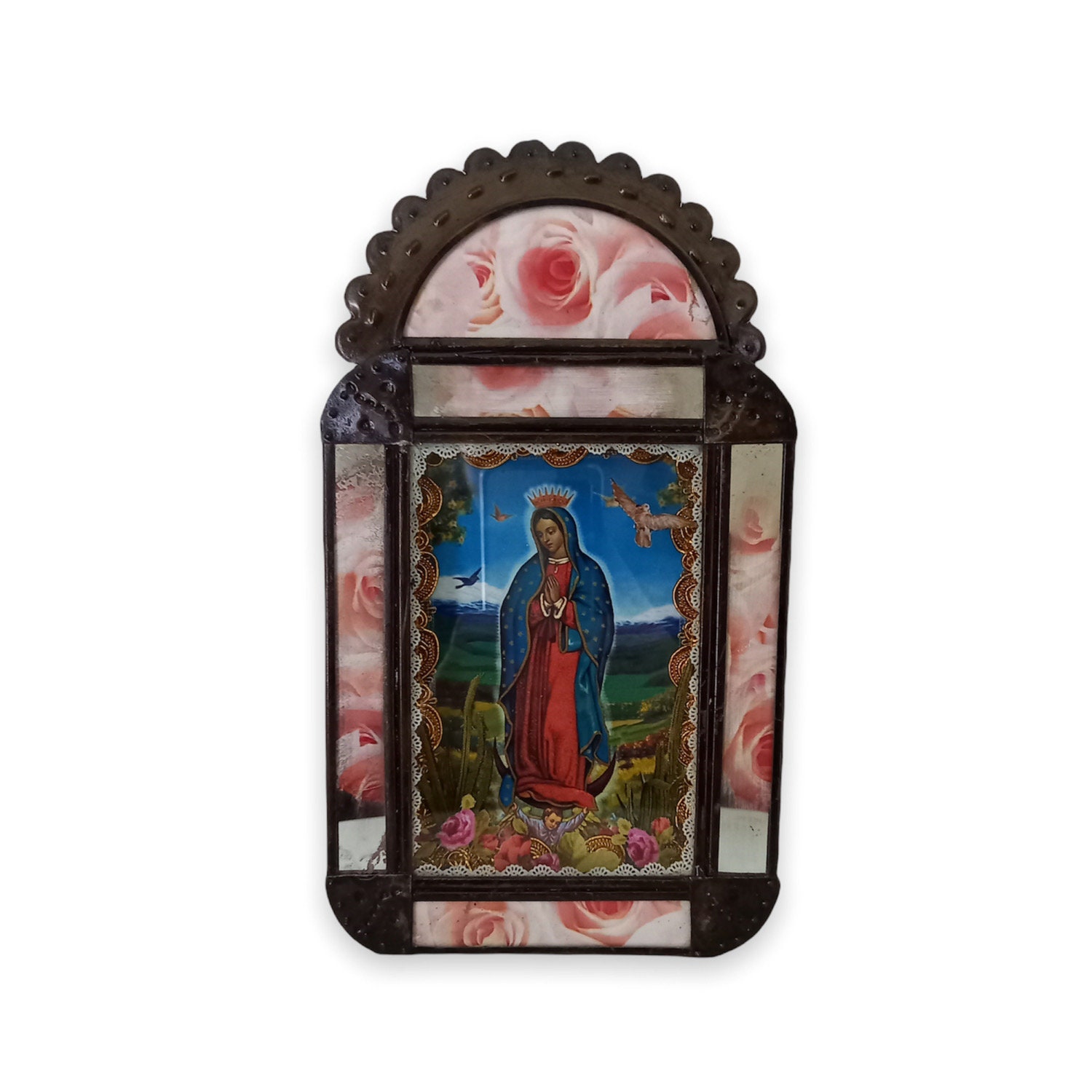 Vitrine en Étain et Verre Vierge de Guadalupe