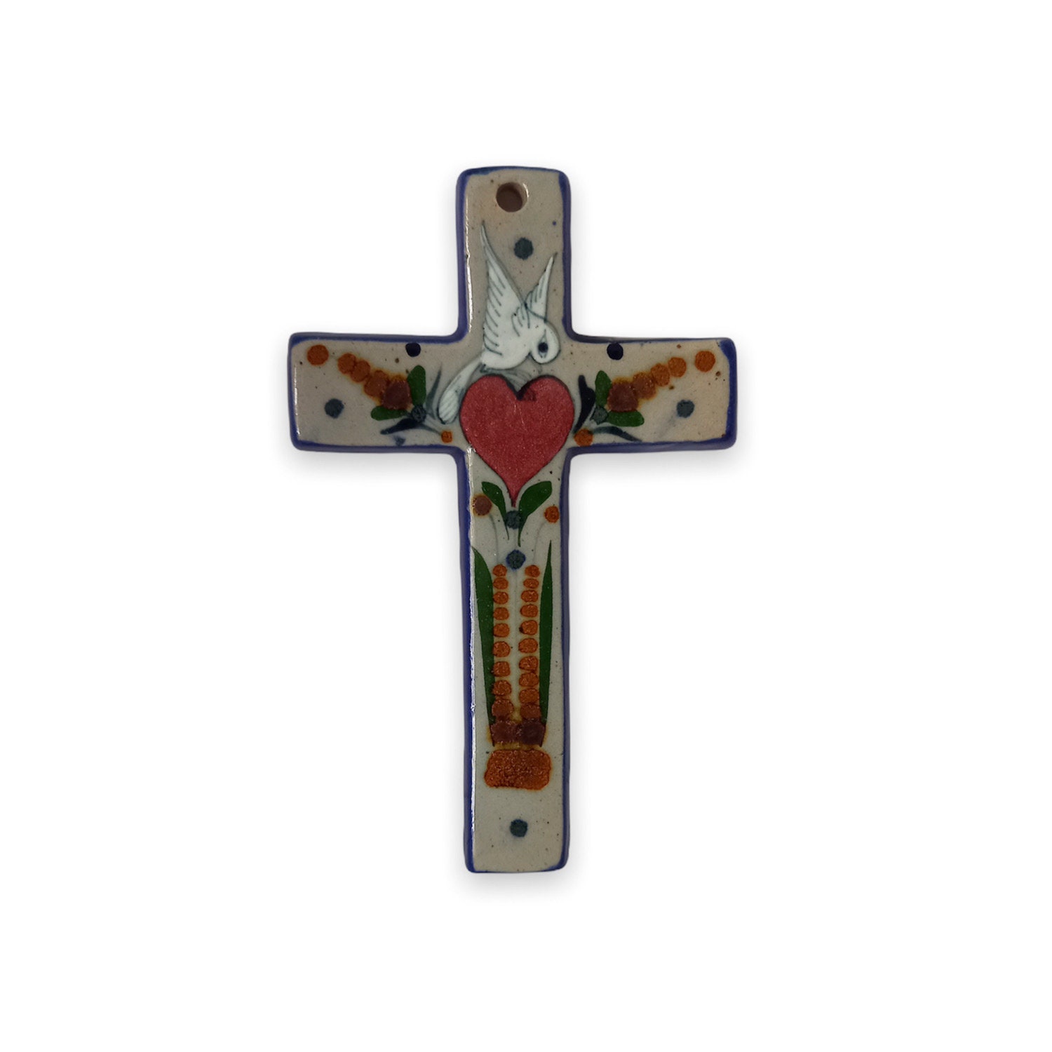 Croix Murale Colombe en Céramique sur Coeur Rouge