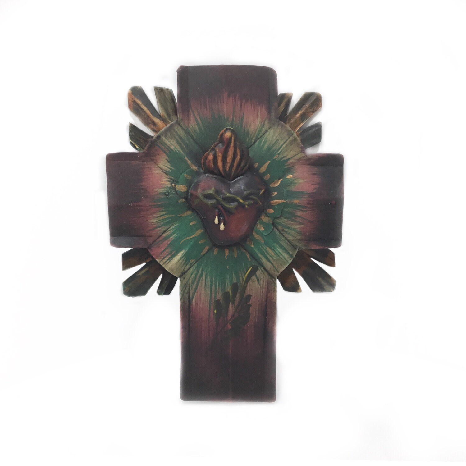 Croix Coeur Ex Voto en Relief d'inspiration Mexicaine à Suspendre
