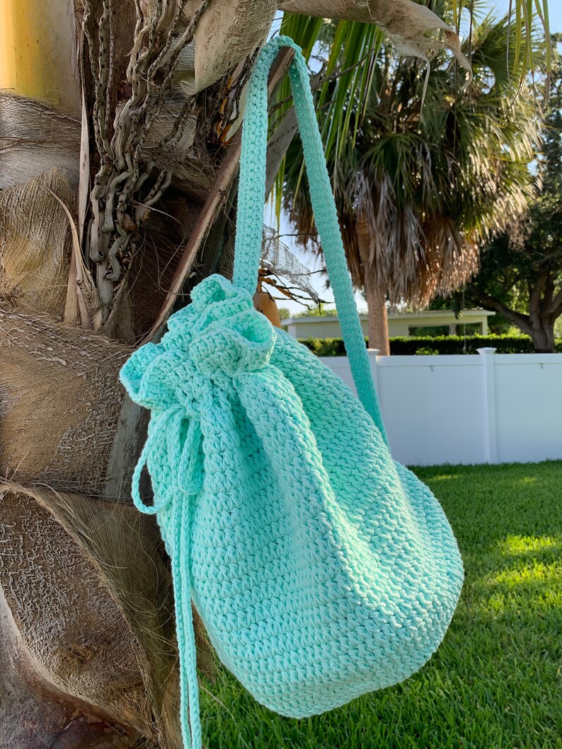 Mint Boho Drawstring Bucket BagCrochet BagBeach BagShoulder BagCotton BagMarket Bag