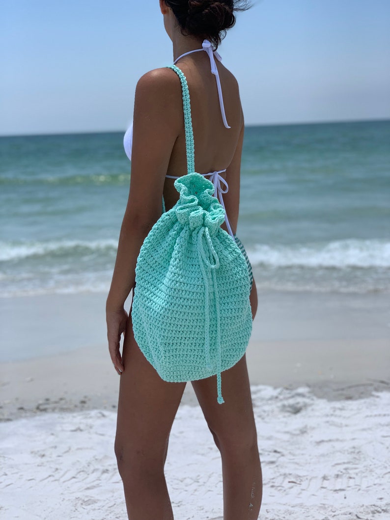 Mint Boho Drawstring Bucket BagCrochet BagBeach BagShoulder BagCotton BagMarket Bag