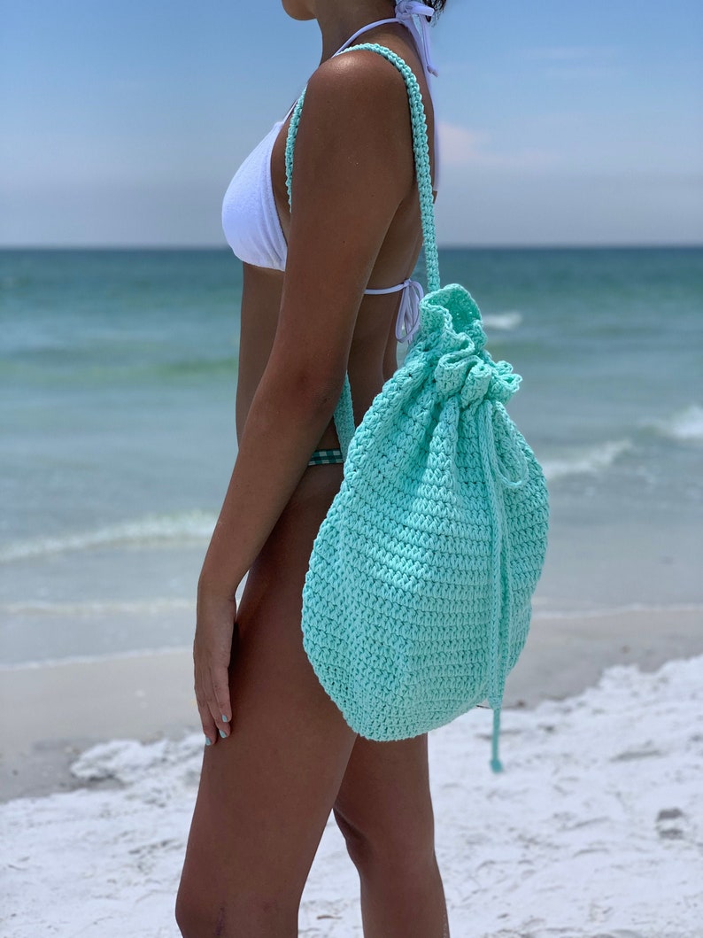 Mint Boho Drawstring Bucket BagCrochet BagBeach BagShoulder BagCotton BagMarket Bag