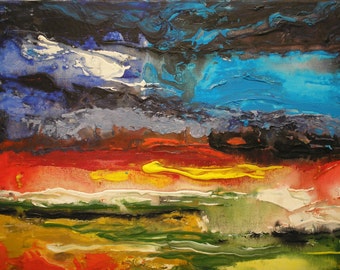 May include: An abstract oil painting on canvas featuring thick, textured impasto brushstrokes. The composition displays a dark blue and black upper section, a vibrant red and yellow middle band, and a lower area with green and yellow tones.