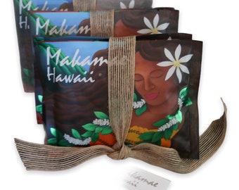 Hawaiian 100% Kona coffee in pre-measured packages. Each contains ground coffee for one pot. Perfect for gift bags. Two pouches per order.