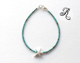 Delicate turquoise Bracelet - "Dreaming of the sea" - 925 Sterling Silver Starfish, Friendship Bracelet, Something Blue